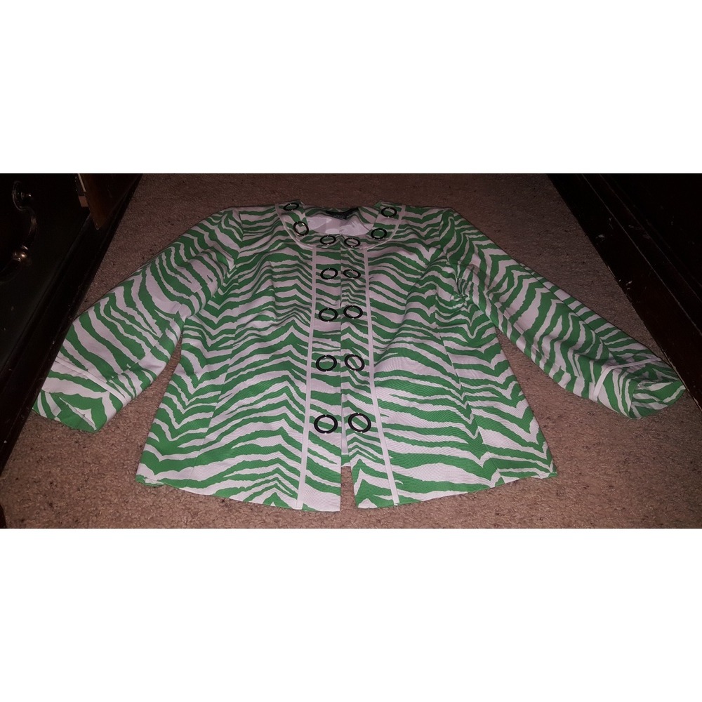 Peck & Peck green and white 3/4" sleeve blazer jacket hook eye lined Sz 14 Women